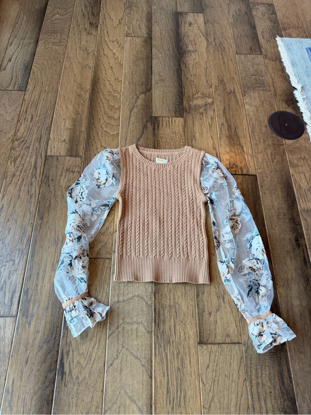 Anthropologie Cable Knit Sweater with Floral Sheer Sleeves - Tan/Cream